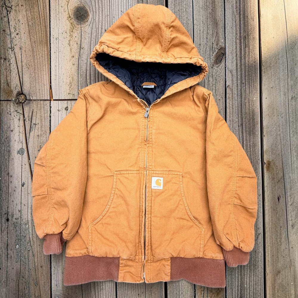 Carhartt Hooded Jacket Boys Size M 10-12 Brown Duck Canvas Quilted Lined Active